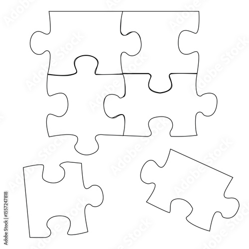 Puzzle template with no background 6 pieces scattered. Puzzle elements. Mockup for printing a composite jigsaw puzzle vector drawing.