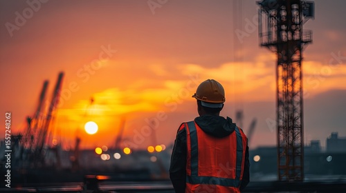 Wallpaper Mural construction engineer wearing helmet standing at sunset in industrial site  Torontodigital.ca