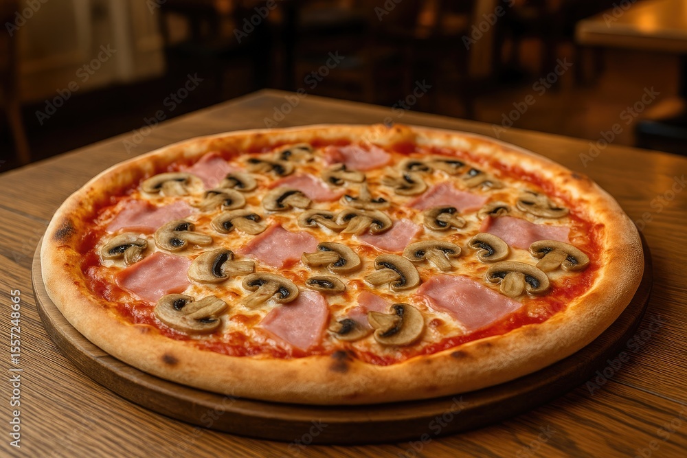 A delicious ham and mushroom pizza served on a wooden surface in a dining establishment