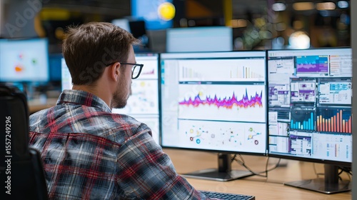 Wallpaper Mural data analyst reviewing graphs on multiple monitors Torontodigital.ca