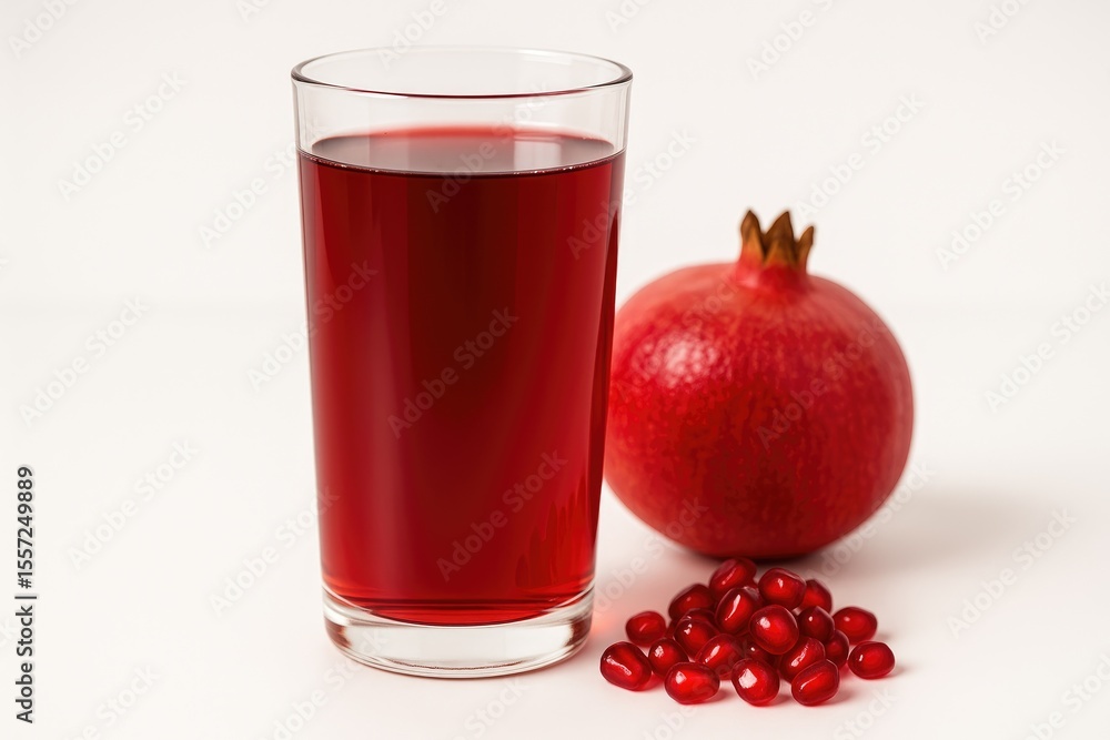 Glass of pomegranate juice displayed on a plain white surface Glass of pomegranate juice displayed on a plain white surface