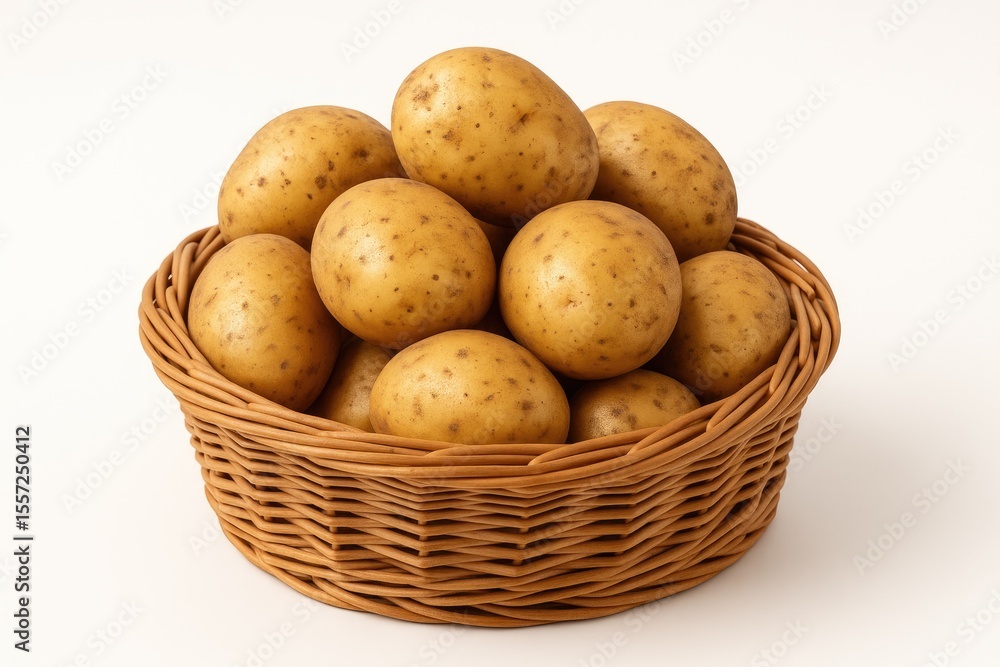 Wicker basket filled with potato tubers on a white backdrop Wicker basket filled with potato tubers on a white backdrop