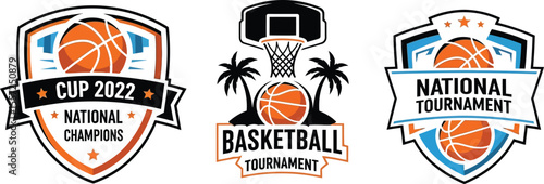 Three basketball tournament logos with different designs and colors
