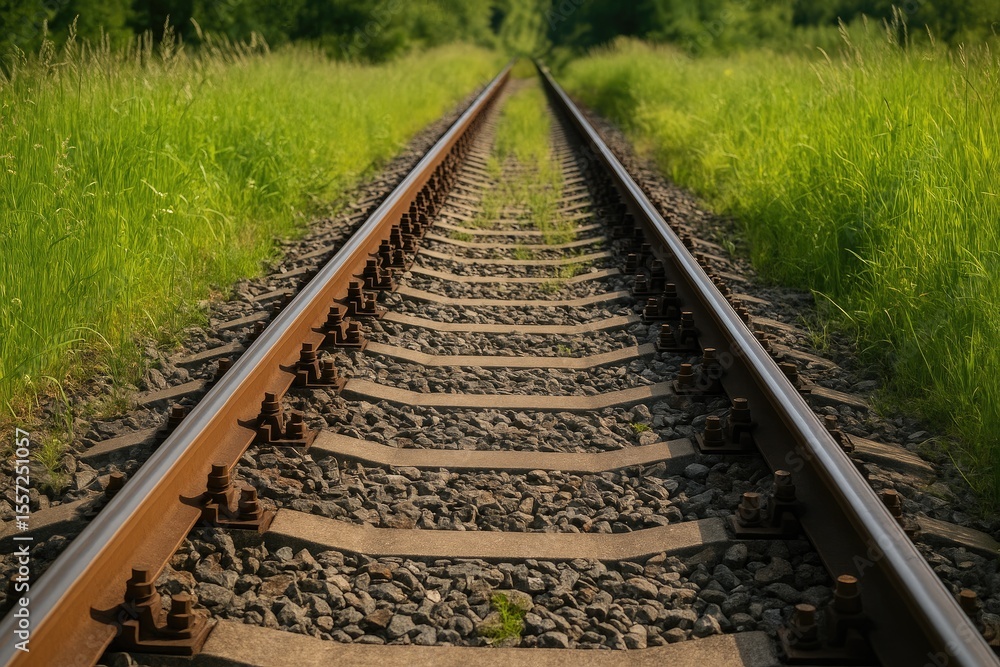 Fototapeta premium Summer scenery with railway and lush grass