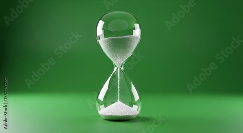 A clear hourglass with white sand on a green background showing the passage of time slowly passing by