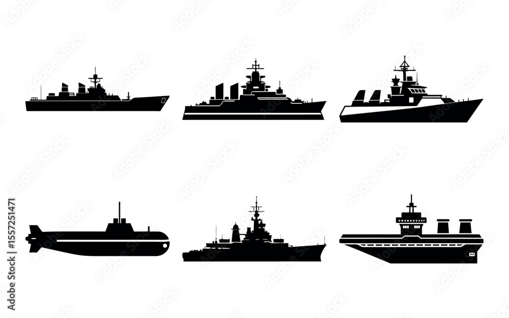 Fototapeta premium Military Warship Silhouette Collection – Battleships, Destroyers, Submarines, Carriers