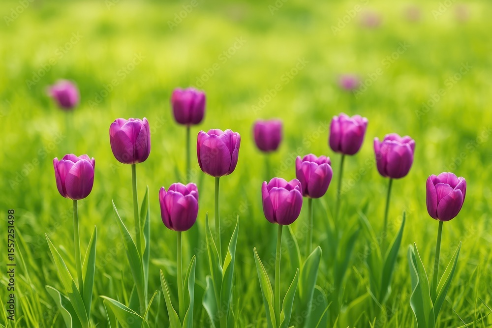 Fototapeta premium Springtime scene featuring purple tulips blooming on a lush lawn