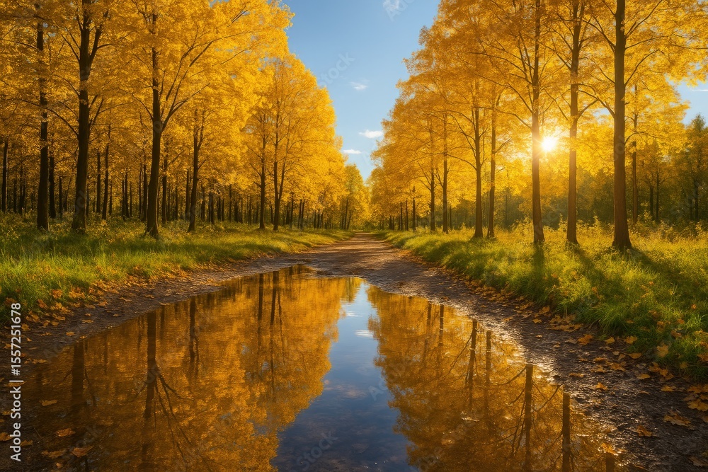 Golden autumn forest with reflective puddles Golden autumn forest with reflective puddles