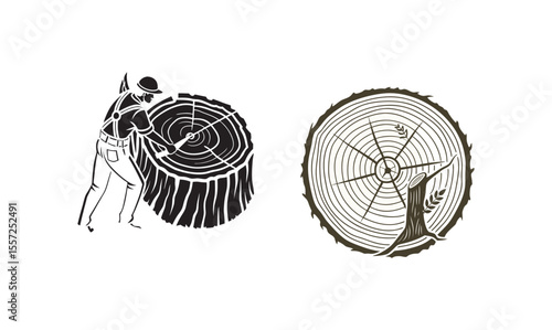 Wooden logs texture. Wood concepts graphics, lumber top view. Vintage outline trees structure vector