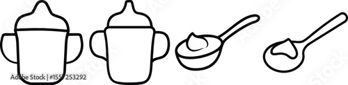 Baby Food Bottles and Spoons, Cute Line Art Illustration for Packaging Design