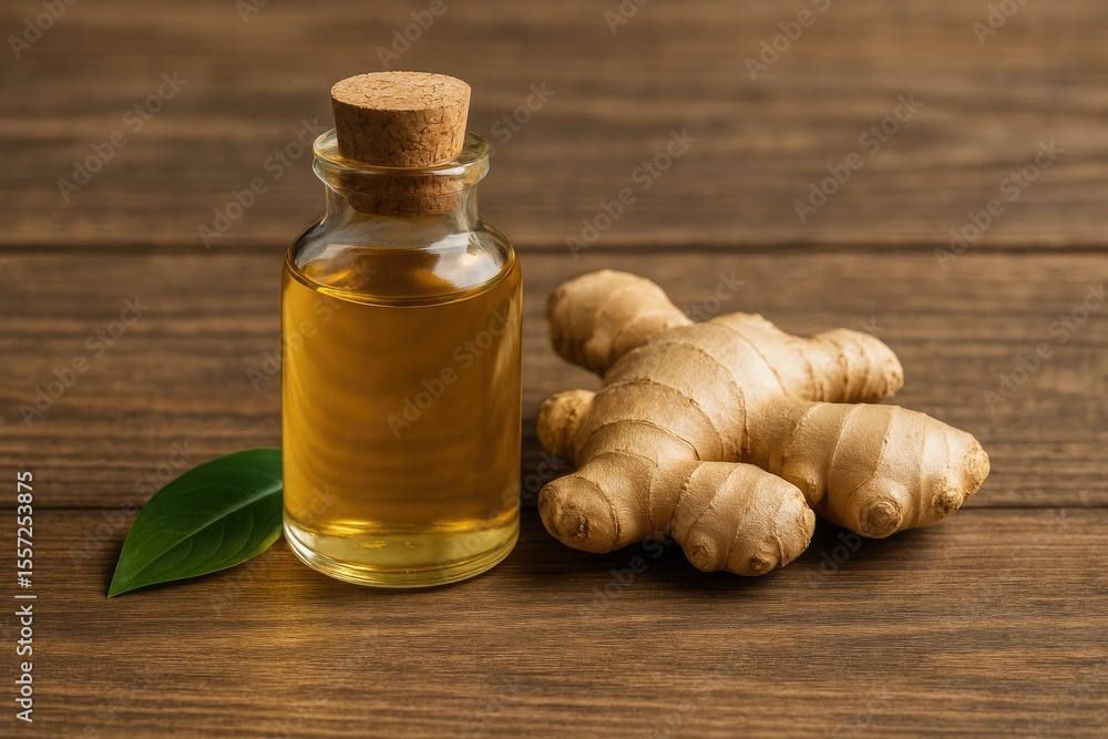 A clear glass container holding aromatic oil alongside a fresh ginger root on a rustic wooden surface A clear glass container holding aromatic oil alongside a fresh ginger root on a rustic wooden surface