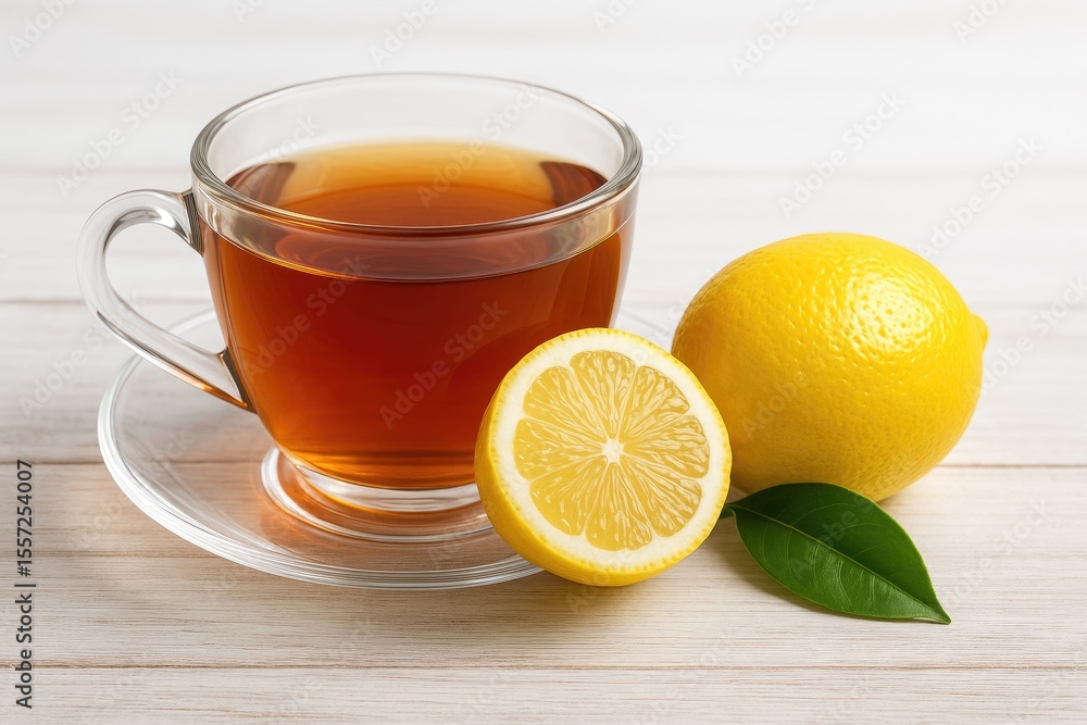 Tea served in a glass cup with a lemon slice on a transparent saucer Tea served in a glass cup with a lemon slice on a transparent saucer