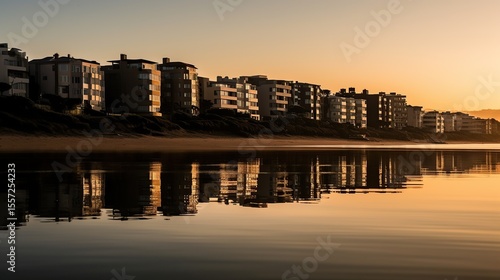Coastal sunrise with apartment buildings reflection.