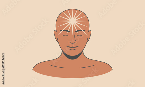 Third eye chakra representation, featuring a person meditating with a radiant light emanating from their Ajna for spiritual themes.