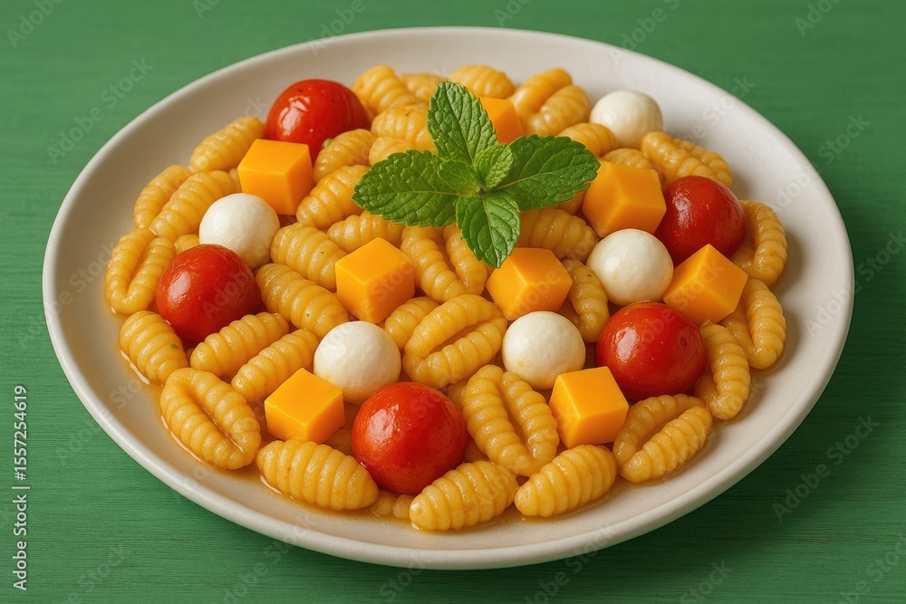 Mini pasta shapes with melted cheese, fresh herbs, and ripe vegetables Mini pasta shapes with melted cheese, fresh herbs, and ripe vegetables
