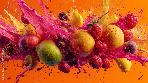 Wallpaper Mural exploding splash of colorful fruit and juice on vibrant background, dynamic motion Torontodigital.ca