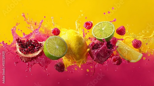 Wallpaper Mural exploding splash of colorful fruit and juice on vibrant background, dynamic motion Torontodigital.ca