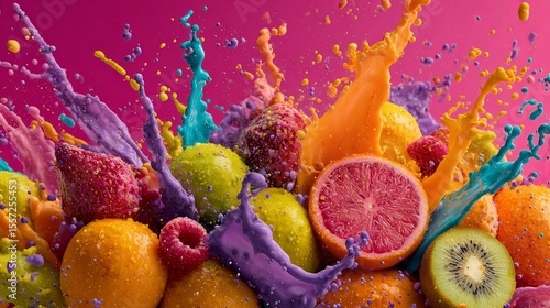 Wallpaper Mural exploding splash of colorful fruit and juice on vibrant background, dynamic motion Torontodigital.ca
