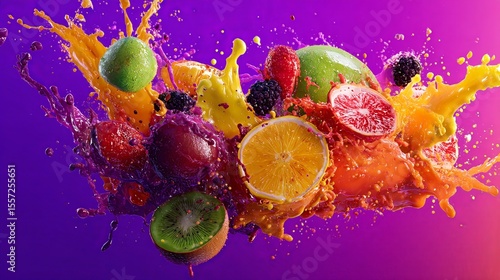 Wallpaper Mural exploding splash of colorful fruit and juice on vibrant background, dynamic motion Torontodigital.ca