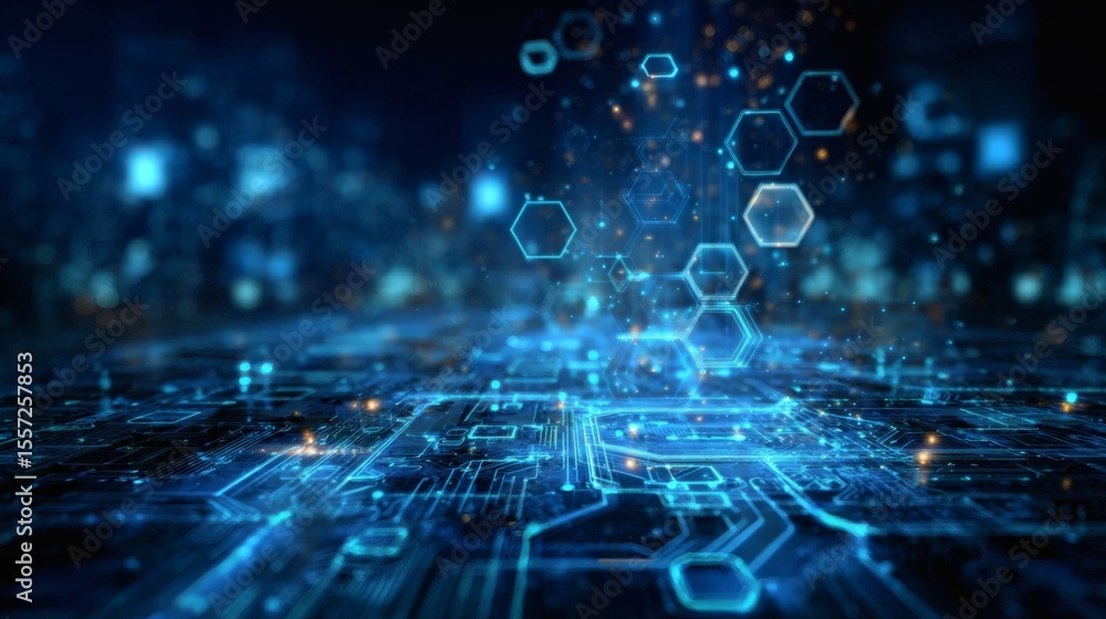 Abstract blue cyber surface with embedded luminous circuitry and dynamic hexagonal motifs suspended in mid-air Abstract blue cyber surface with embedded luminous circuitry and dynamic hexagonal motifs suspended in mid-air