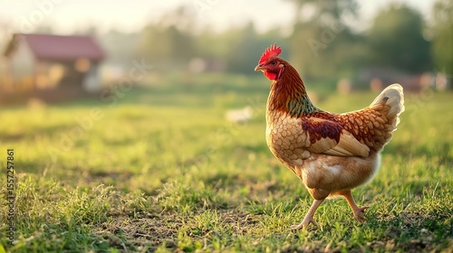 A colorful hen walks on green grass in a rural farm setting with blurred wooden structures and trees in the background during daylight.