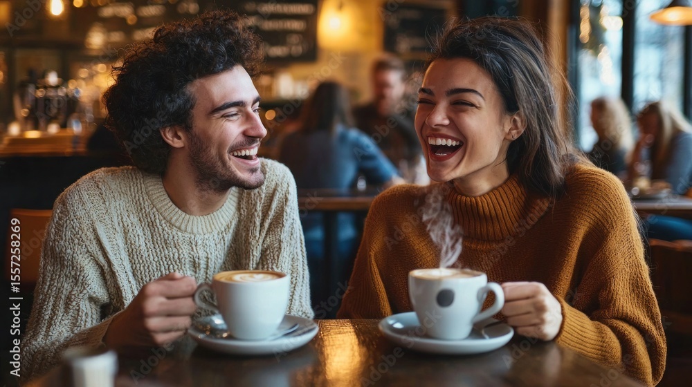 Two animated friends jabbering excitedly over coffee in a cozy café filled with laughter and chatter Two animated friends jabbering excitedly over coffee in a cozy café filled with laughter and chatter