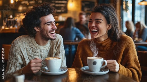 Two animated friends jabbering excitedly over coffee in a cozy cafÃ© filled with laughter and chatter