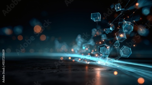 Glowing blue tech visualization with interconnected lines and levitating hex shapes on a dark gradient background 