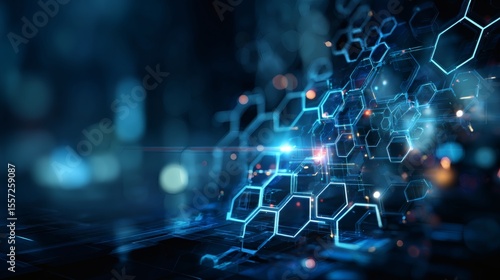 Cybernetic-themed blue interface with glowing network lines and hexagon overlays on a gradient tech background 