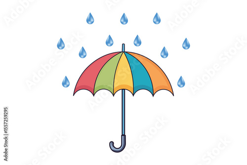 Pastel umbrella illustration with raindrops in flat vector style, cute weather scene for rainy season art, minimal cartoon design perfect for web, print, or educational graphics
