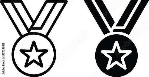 Minimalist Line Art Icon of Medal with Star and V-Shape Ribbon in Flat Vector Style