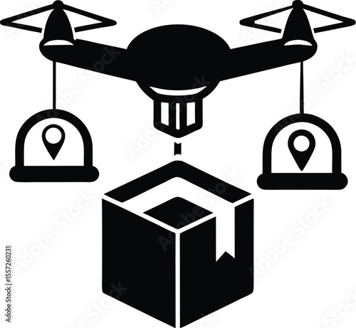 drone package delivery silhouette, food transport drone, flying delivery icon