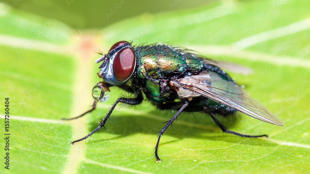 Naklejka premium fly on green leaf