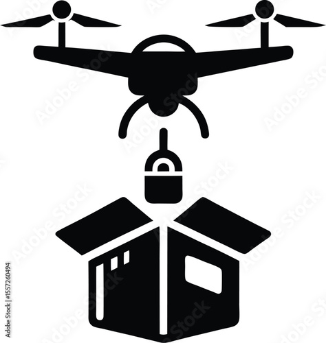 drone package delivery silhouette, food transport drone, flying delivery icon