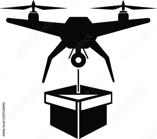 drone package delivery silhouette, food transport drone, flying delivery icon
