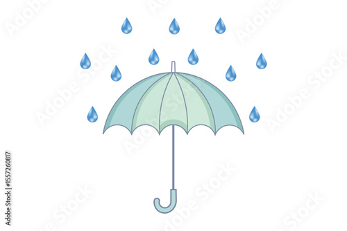 Decorative umbrella and rain drops, pastel flat design in vector format, weather illustration for kids books, prints, educational visuals, and cartoon-style creative content
