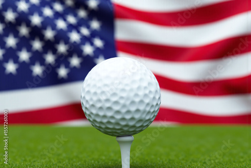 golf ball on a tee in front of an American flag