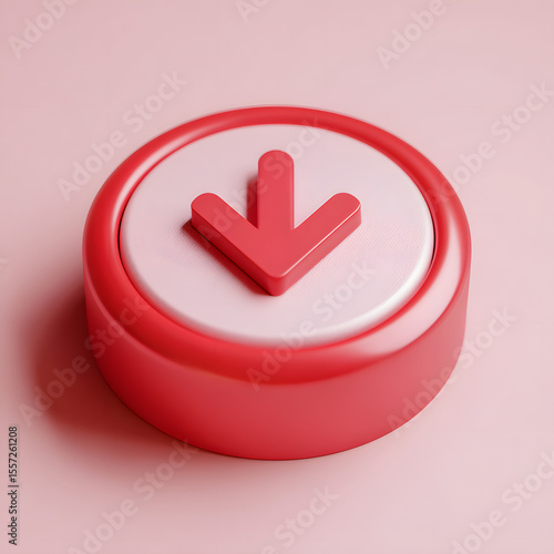 A 3D rendered red download button icon, circular, with a prominent downward-pointing arrow.
