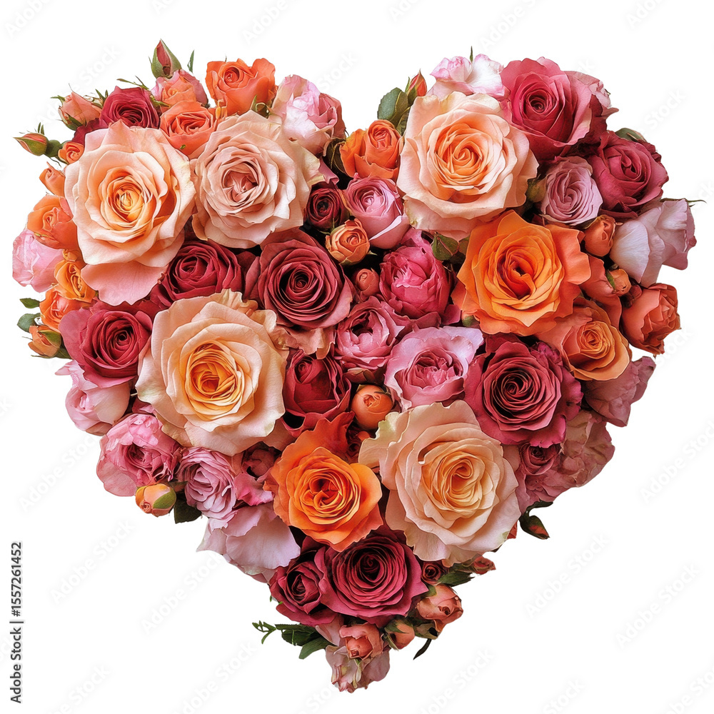 Naklejka premium Heart shaped floral arrangement of pink and orange roses isolated on transparent background.