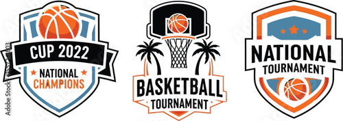 Three basketball tournament logos with various designs on dark blue back