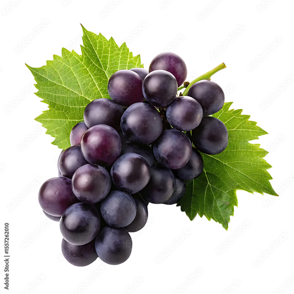 Fototapeta premium Fresh bunch of dark purple grapes with green leaves isolated on transparent background