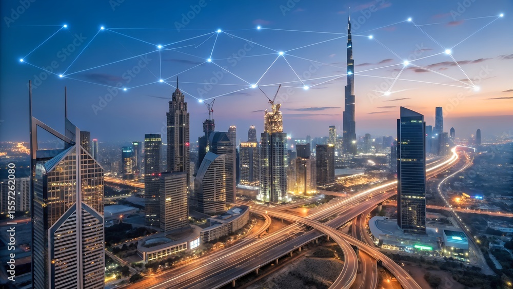 Fototapeta premium Futuristic cityscape with digital network overlay at dusk