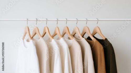 A minimalist clothing rack displays neutral-toned sweaters and shirts on wooden hangers against a plain white background.