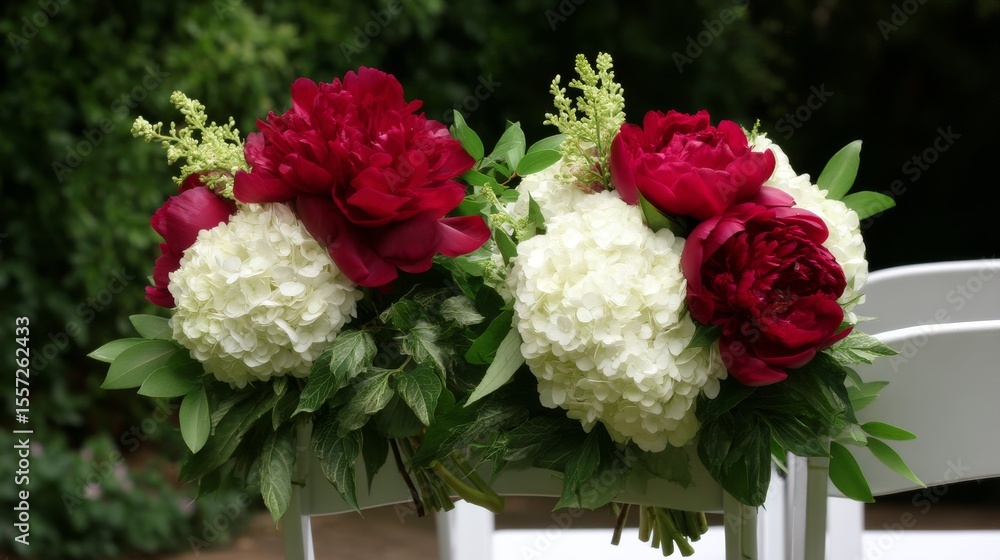 Obraz premium A beautiful floral arrangement featuring deep red peonies and white hydrangeas on a white chair in an outdoor garden setting.