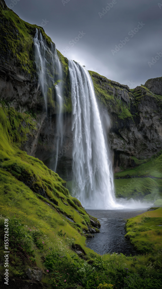 A breathtaking vertical shot of Seljalandsfoss waterfall in Iceland, cascading down lush green cliffs amidst misty conditions A breathtaking vertical shot of Seljalandsfoss waterfall in Iceland, cascading down lush green cliffs amidst misty conditions