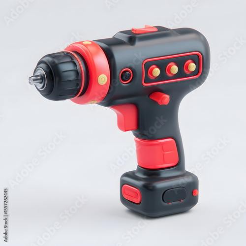 Sleek cordless drill, black and red, isolated on white background.  Modern power tool design.