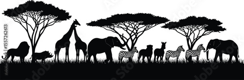 Silhouette of african animals and trees against a white background