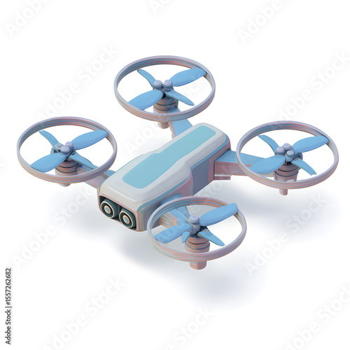 A futuristic, light blue and white quadcopter drone with four propellers, isolated on a white background.