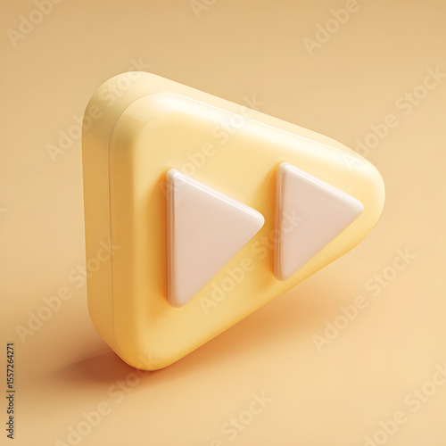 3D rendered, light yellow play icon with two light peach-colored forward arrows.