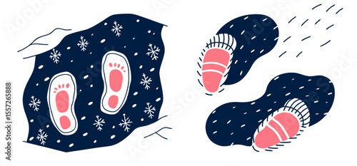Set of footprints in the snow with pink soles on dark background  
